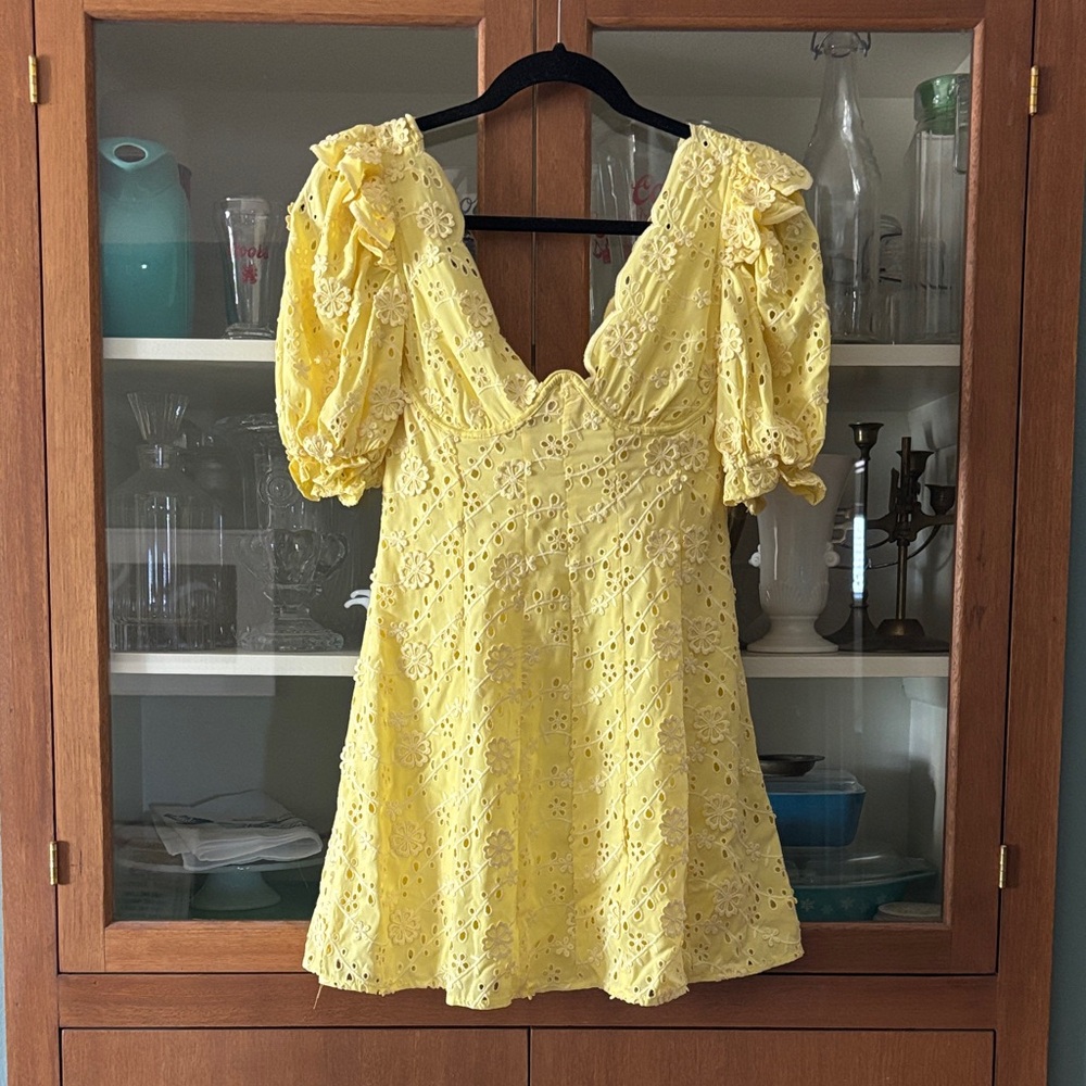 For love and lemons yellow Eyelet Puff-Sleeve Mini Dress